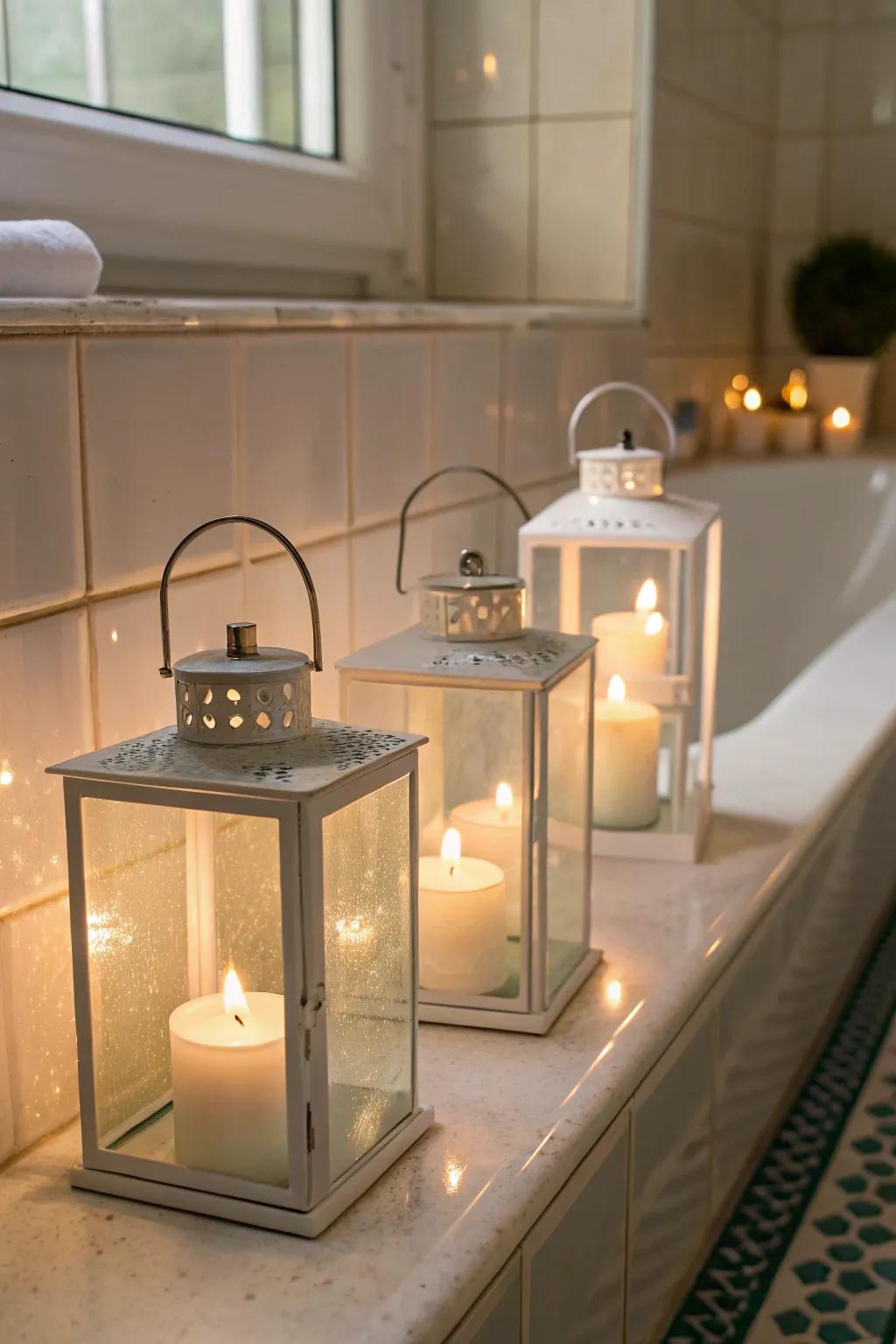 Frosted glass lanterns provide a soft, soothing light perfect for relaxation.