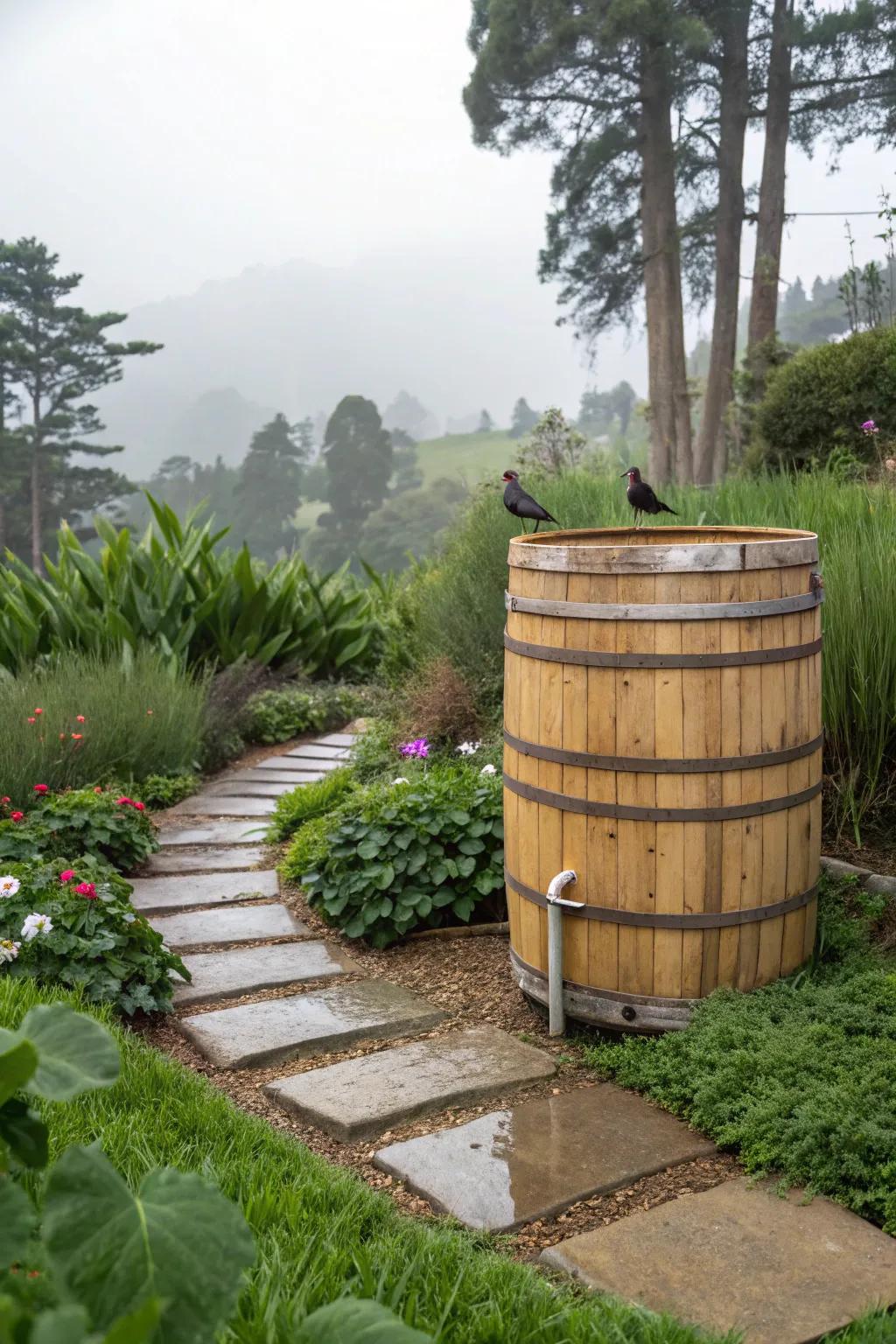 A bamboo cover adds a zen touch to this cleverly disguised rain barrel.