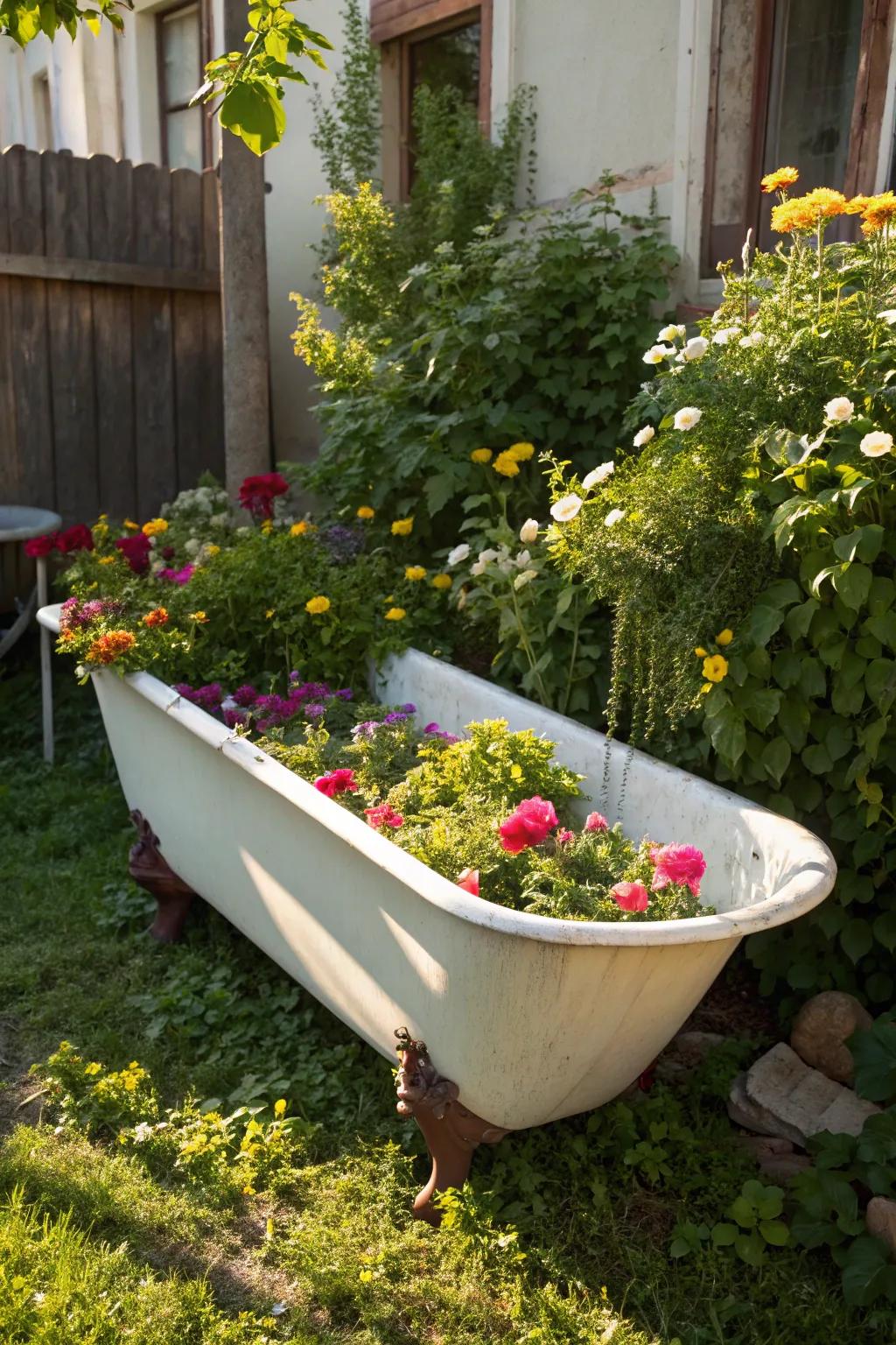 A whimsical garden bed using a repurposed bathtub.