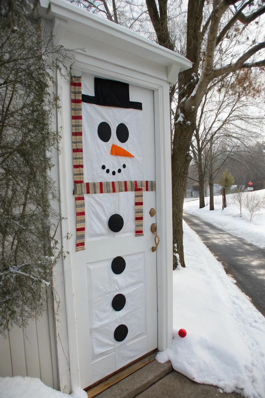 Greet your guests with a cheerful snowman door decoration.