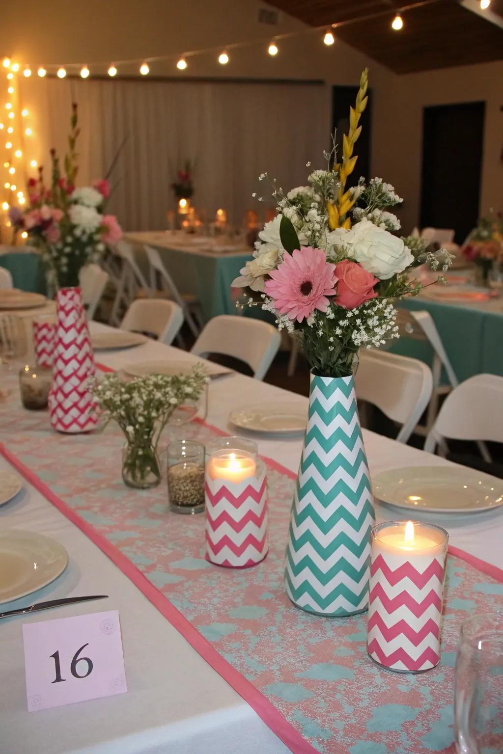 Chevron patterns add a modern and stylish touch to the centerpiece.