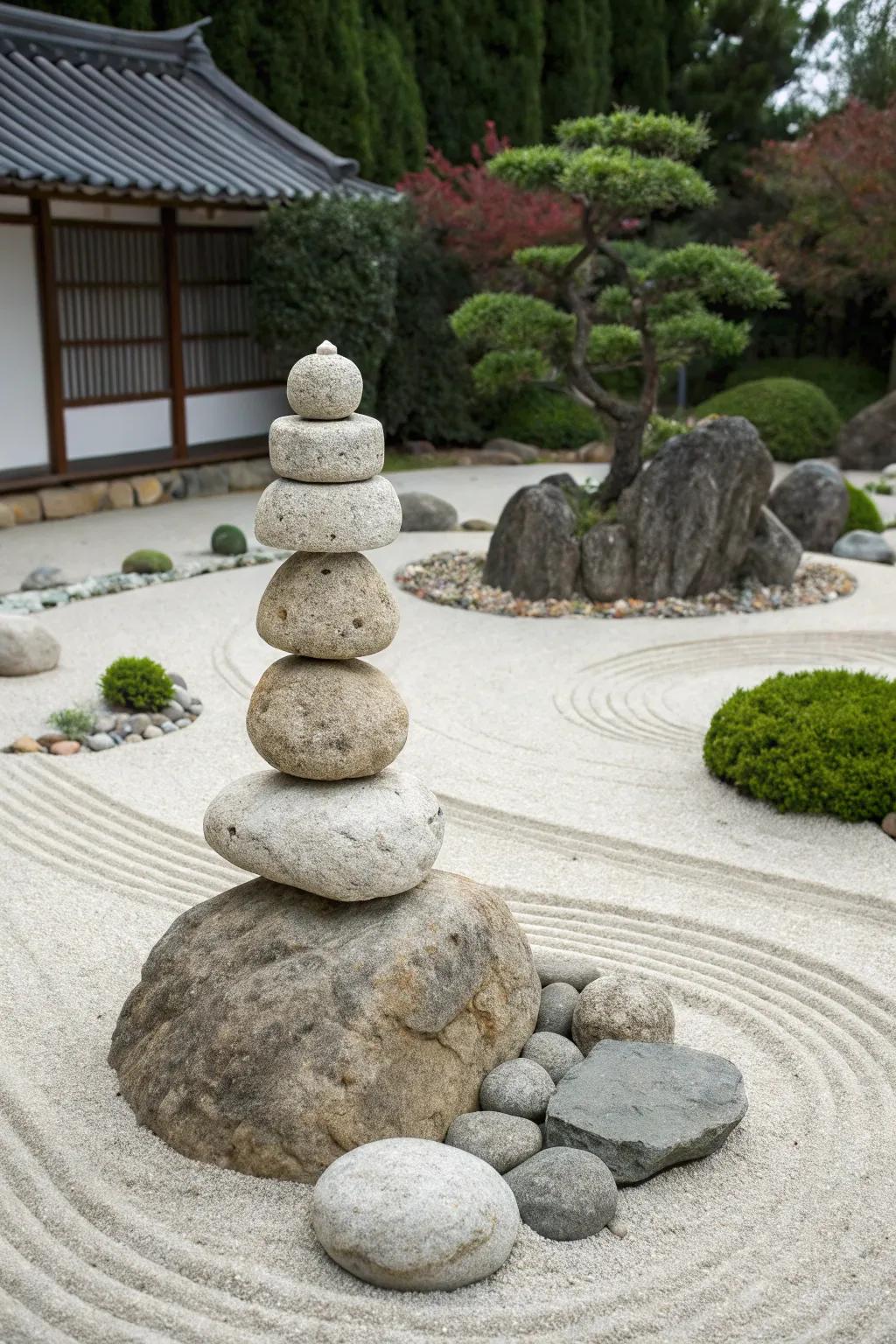 A minimalist stone topiary promoting tranquility in a serene zen garden.