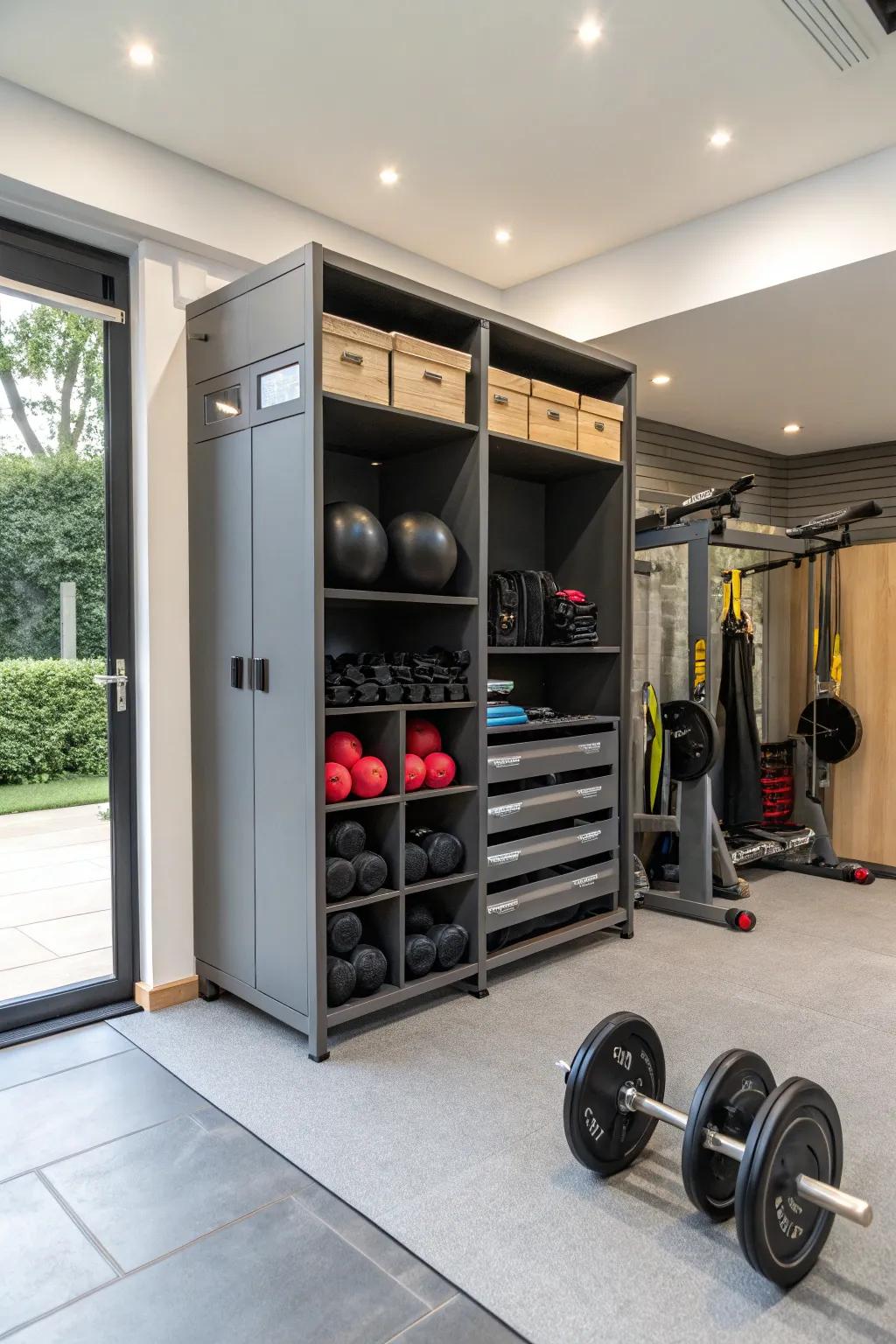 A modular storage unit adapts to changing gym needs.