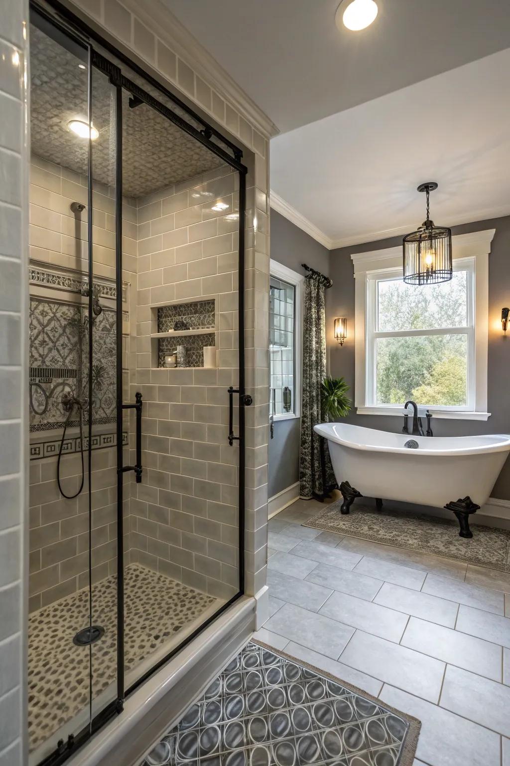 A combination of modern and vintage elements creates a unique shower space.