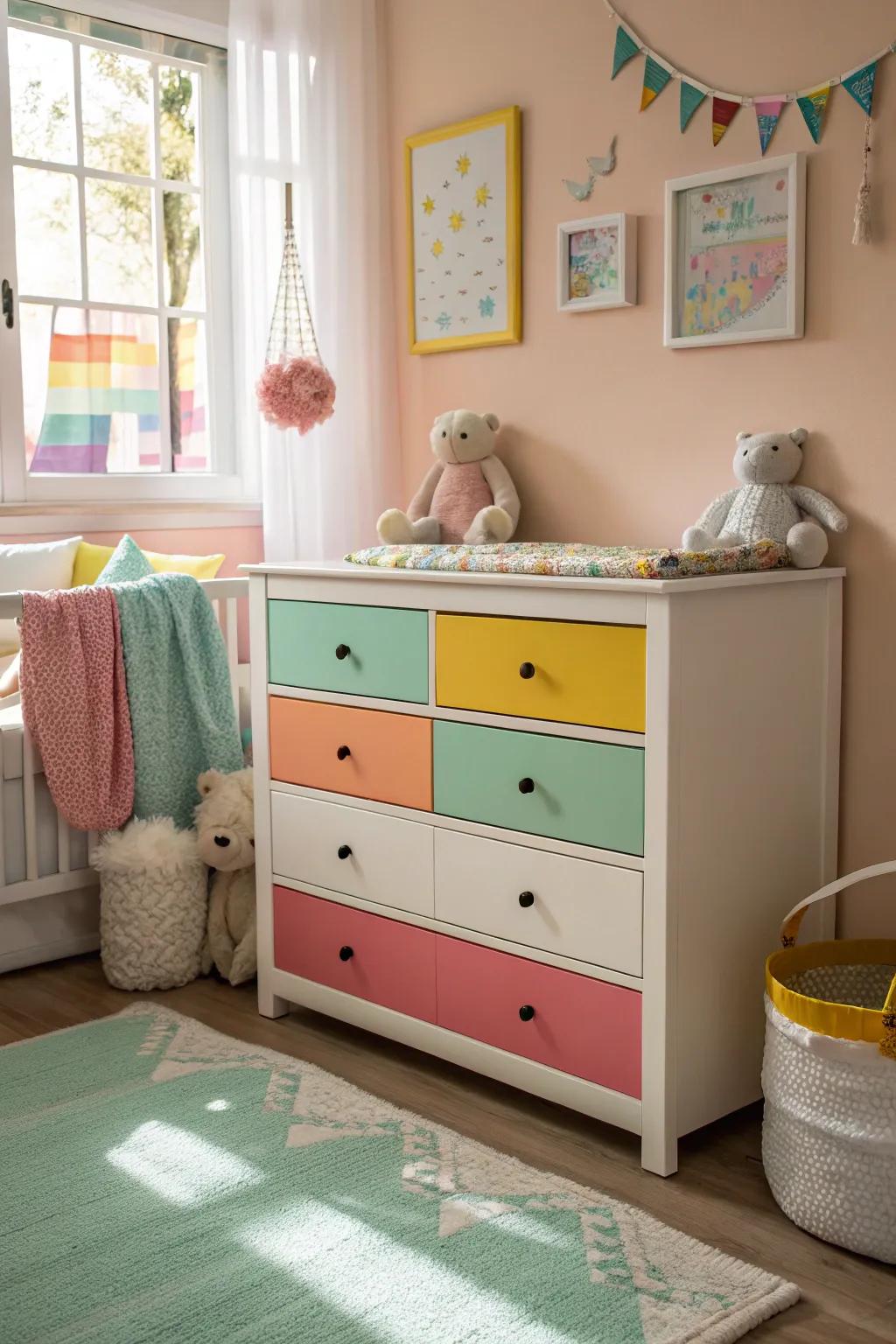 A pop of color on the drawers adds a cheerful touch.