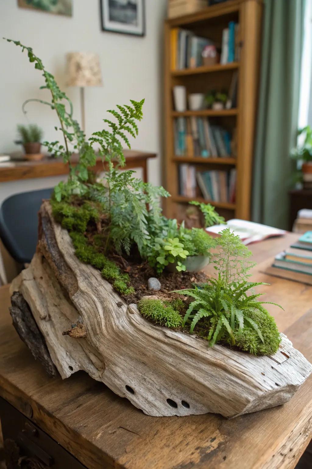 Enchanting miniature forest on driftwood, inspiring creativity in a study.