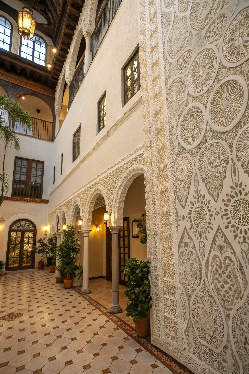 Spanish lace texture adds warmth and Mediterranean charm.