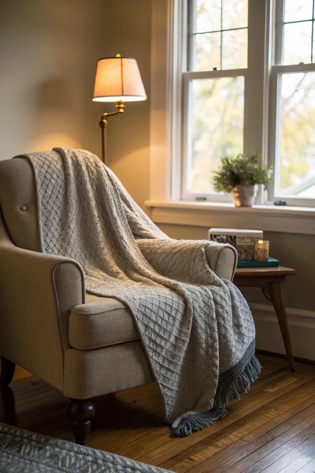 A cozy recycled fabric throw adding warmth and sustainability to home decor.