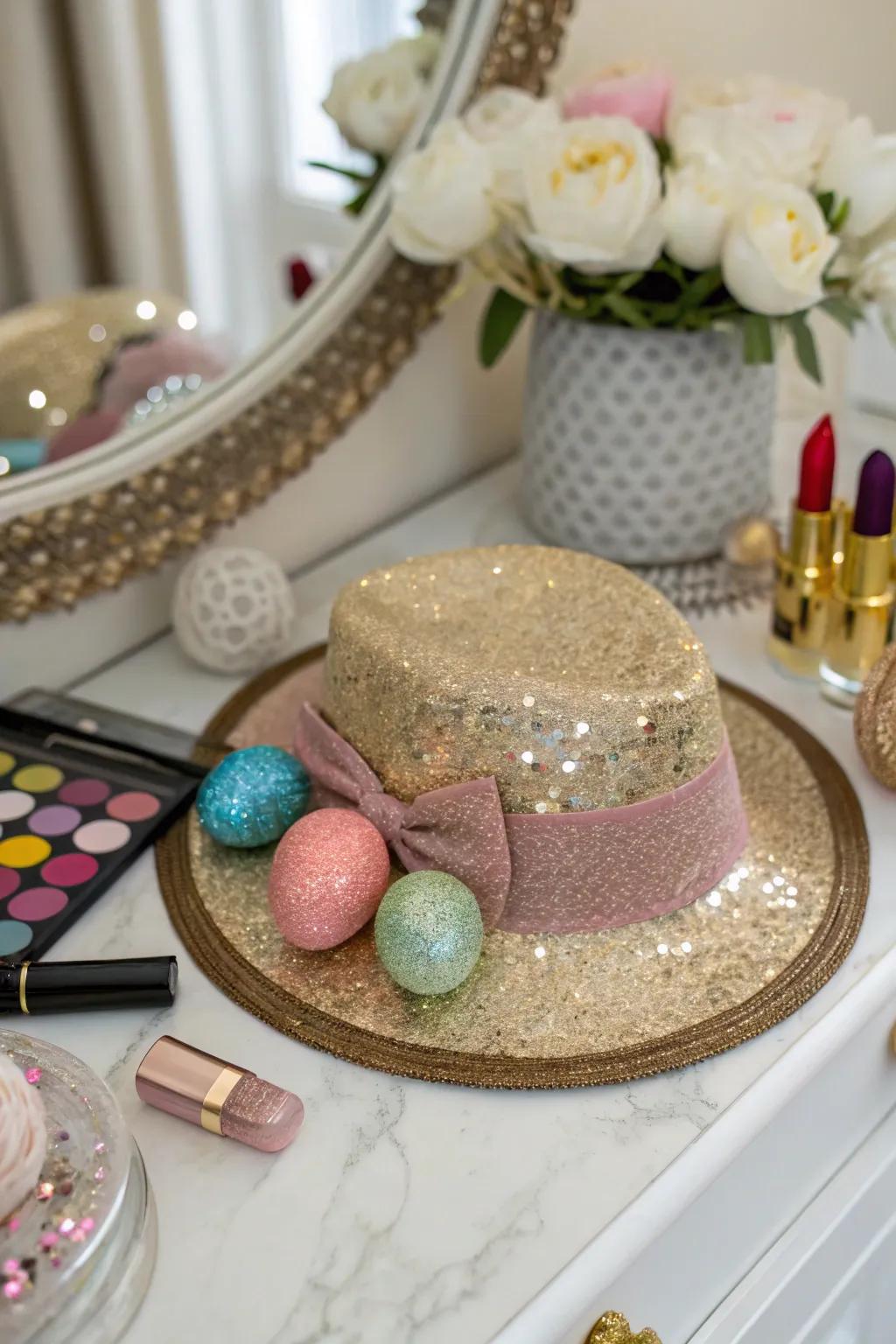 Shine bright with a glittery glam Easter hat.