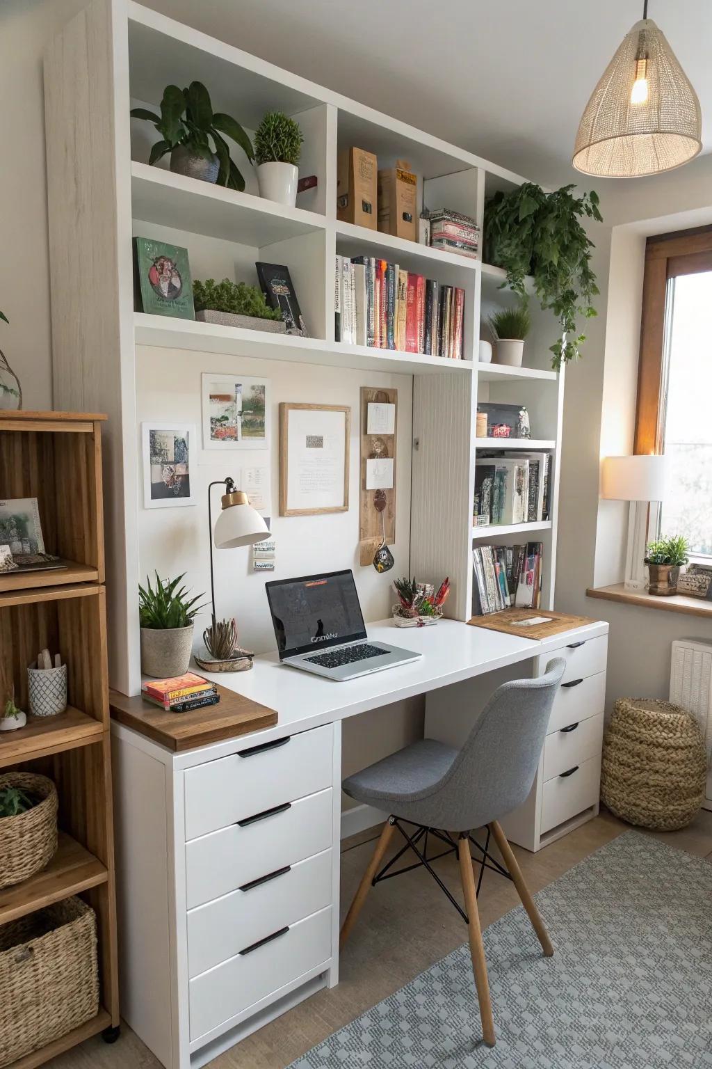 A multi-functional desk maximizes space and practicality in this eclectic workspace.