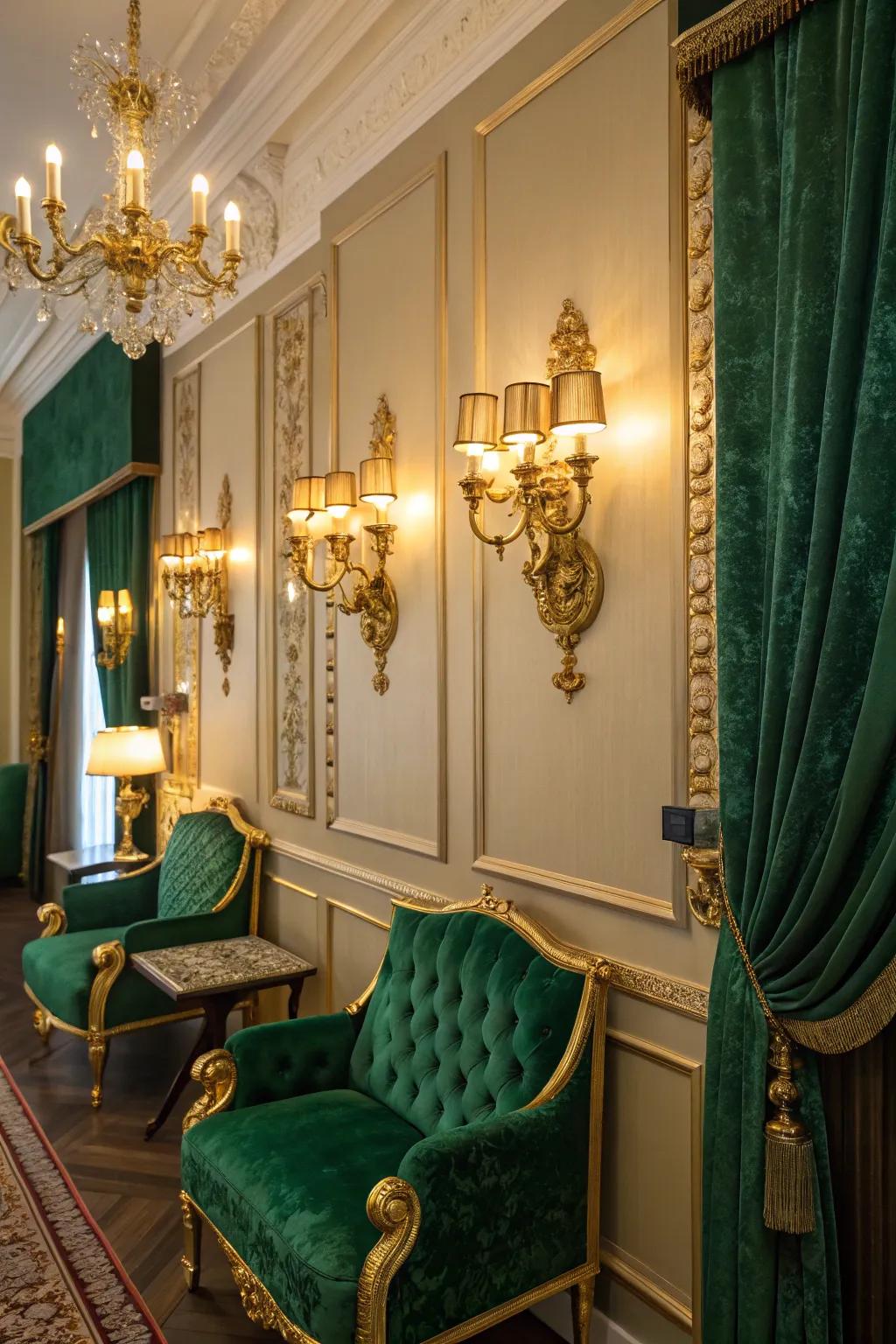 A room illuminated by gold wall sconces paired with emerald green decor.