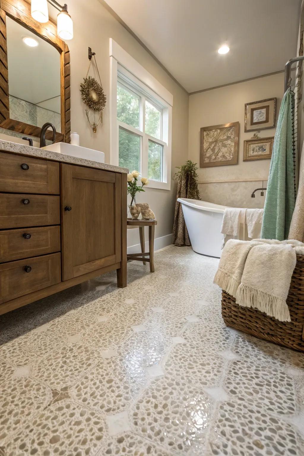 Textured epoxy floor adding depth and interest to the bathroom.