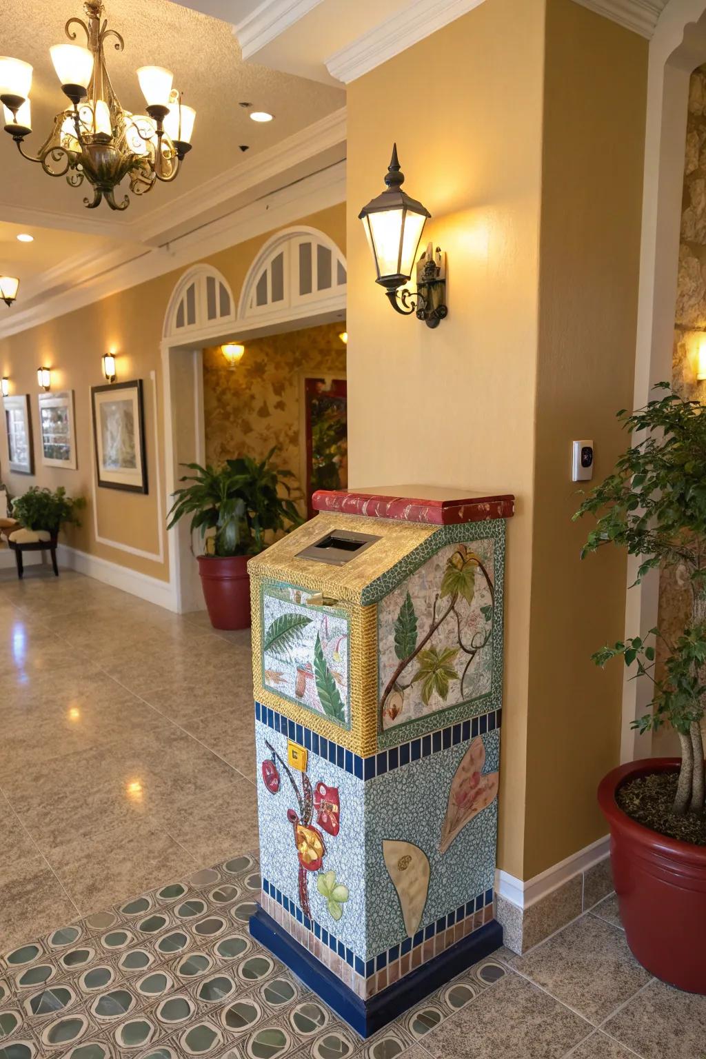 An artistic mosaic suggestion box in a colorful foyer.