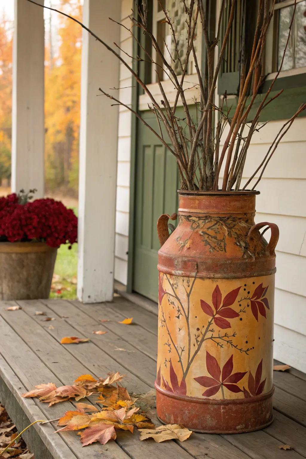 A vintage milk can serves as a charming fall vase.