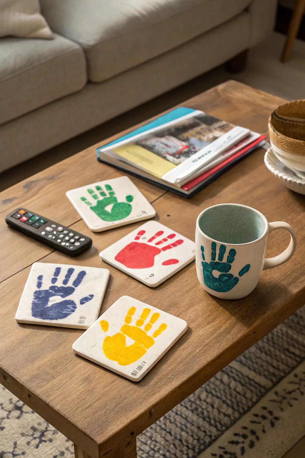 Protect surfaces with personalized handprint coasters.