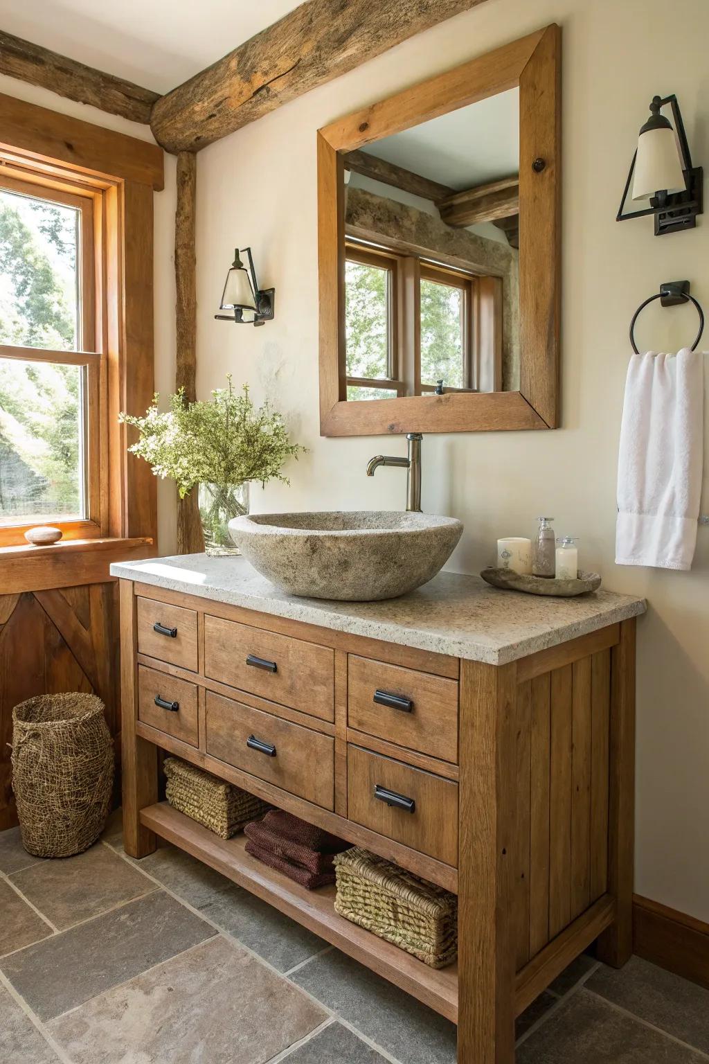 A farmhouse bathroom featuring an earthy stone vessel sink.