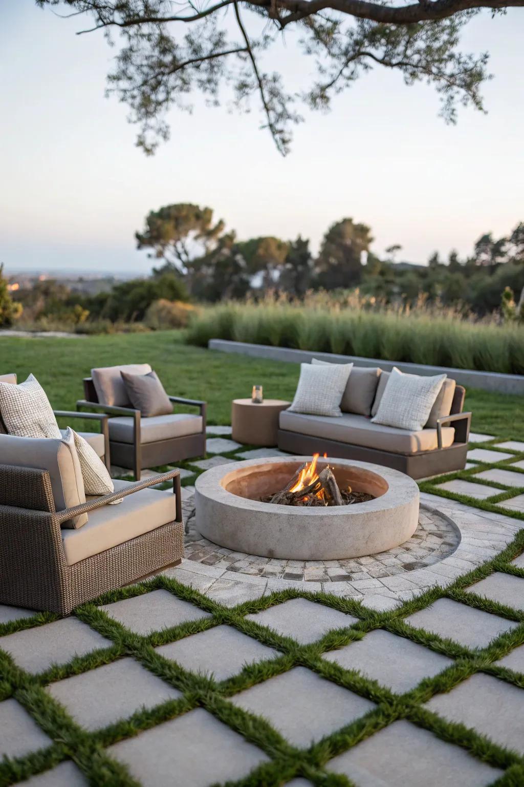 Grass grids offer a modern and natural blend for your fire pit area.