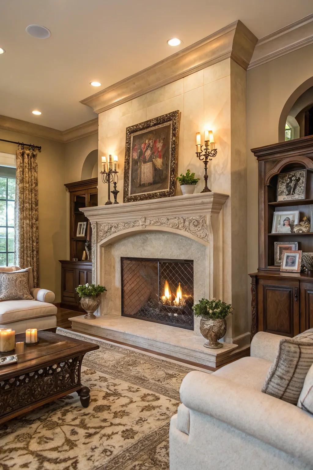 An antique mantel adding historical elegance and charm to the fireplace.