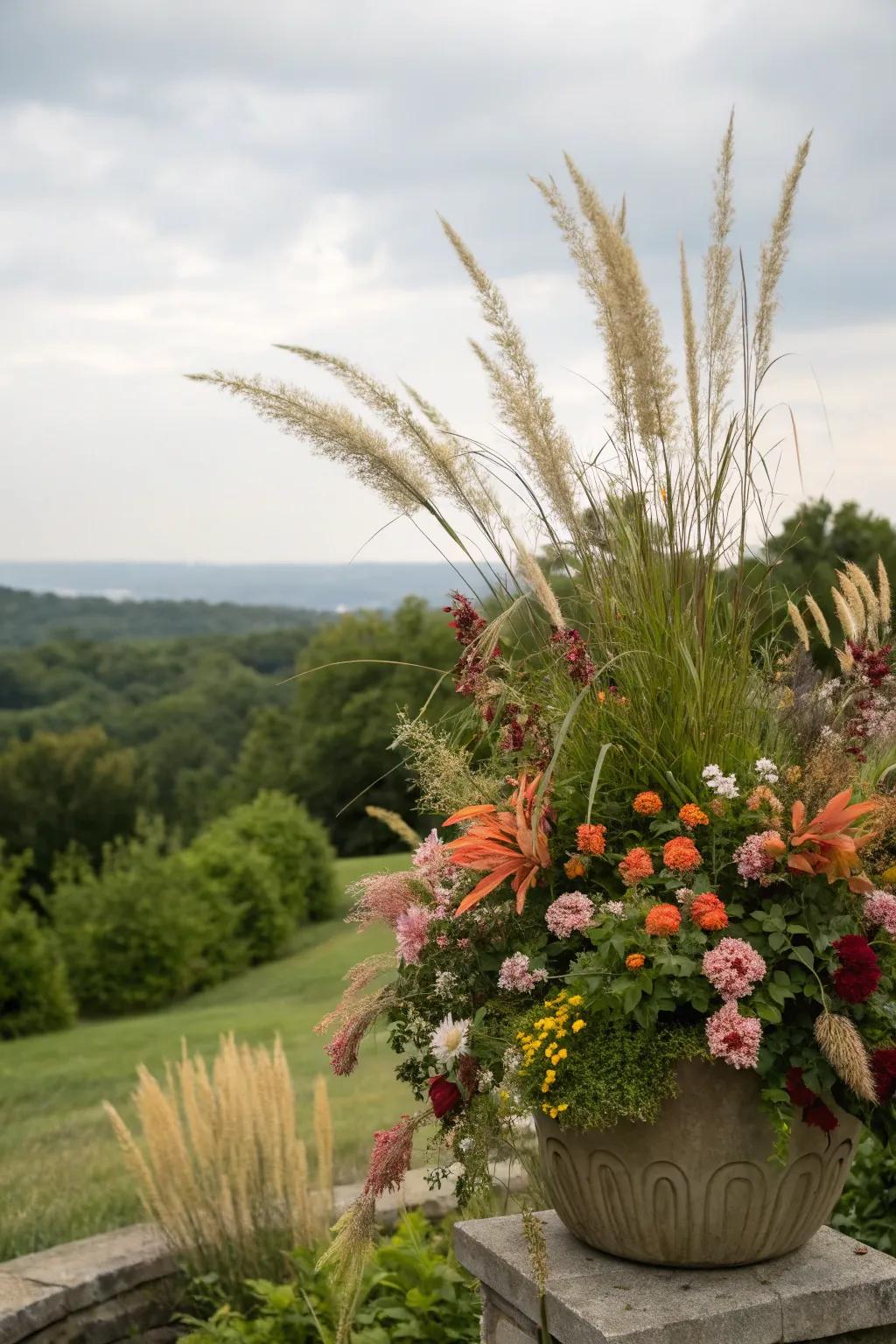 Unique floral arrangement with ornamental grasses.