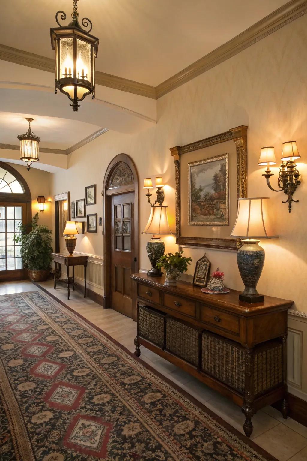 Vintage-inspired sconces add charm and historical elegance to the foyer.