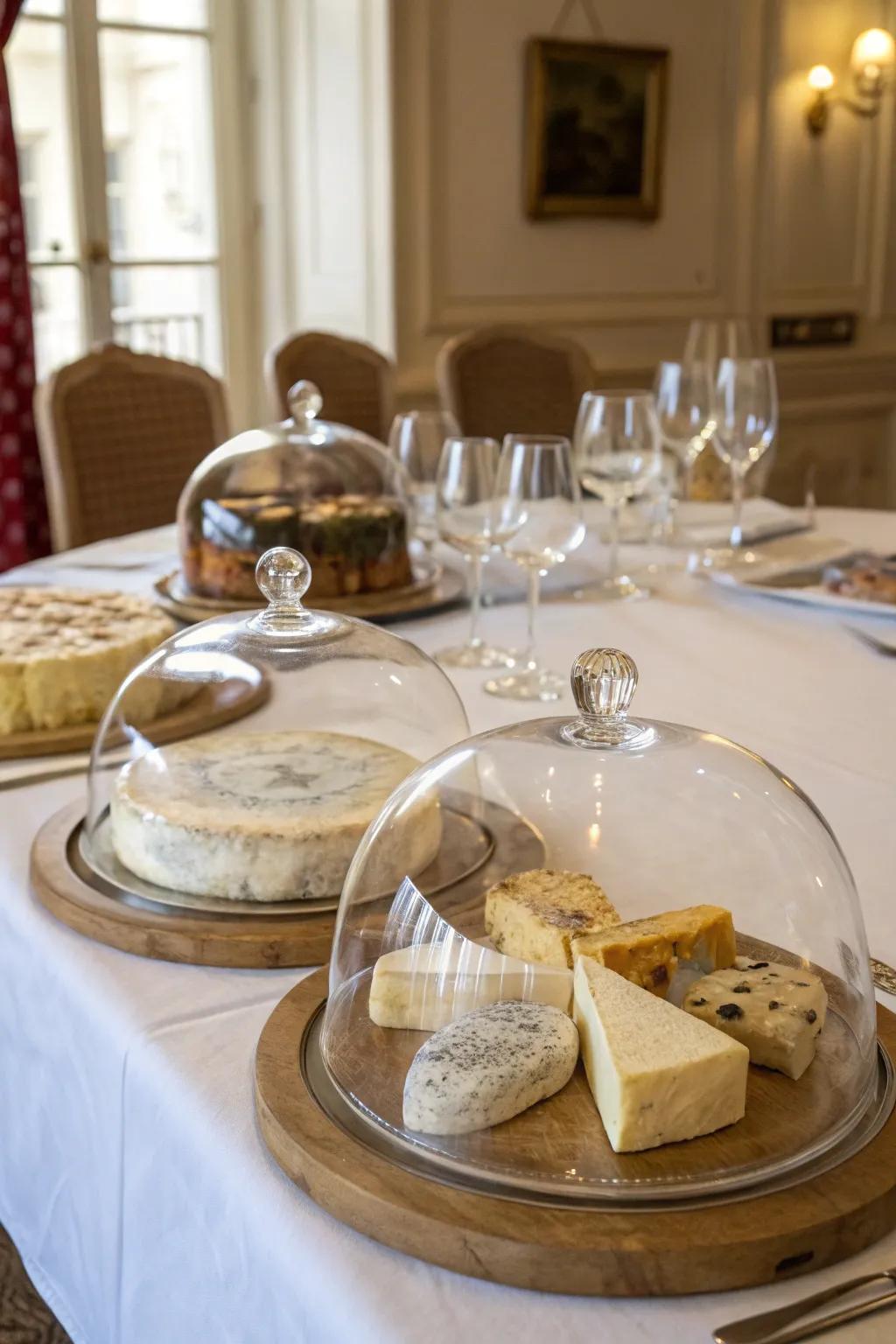 Glass cloche covers add elegance and keep cheese fresh on this French table.