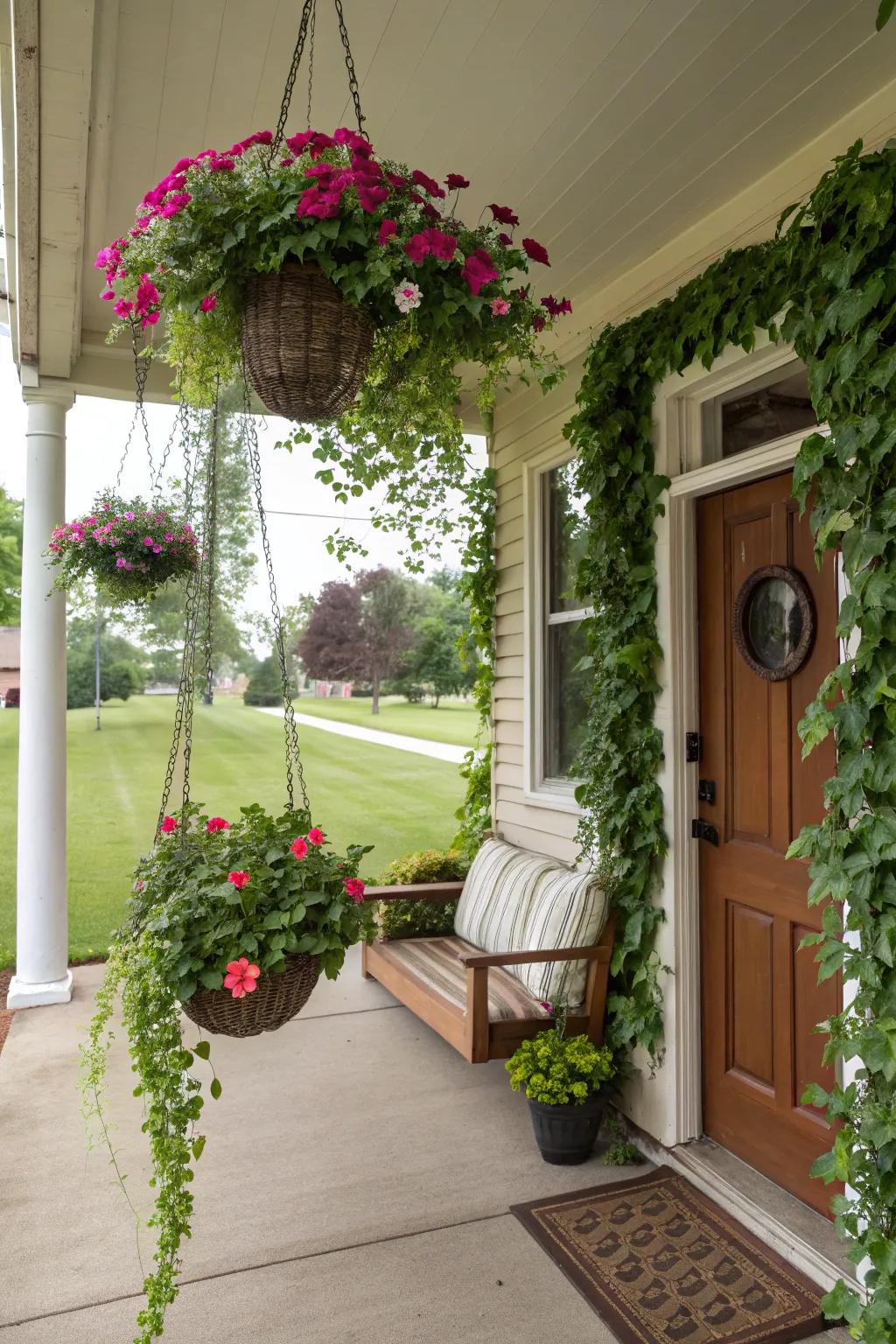 Hanging baskets with trailing petunias and ivy.