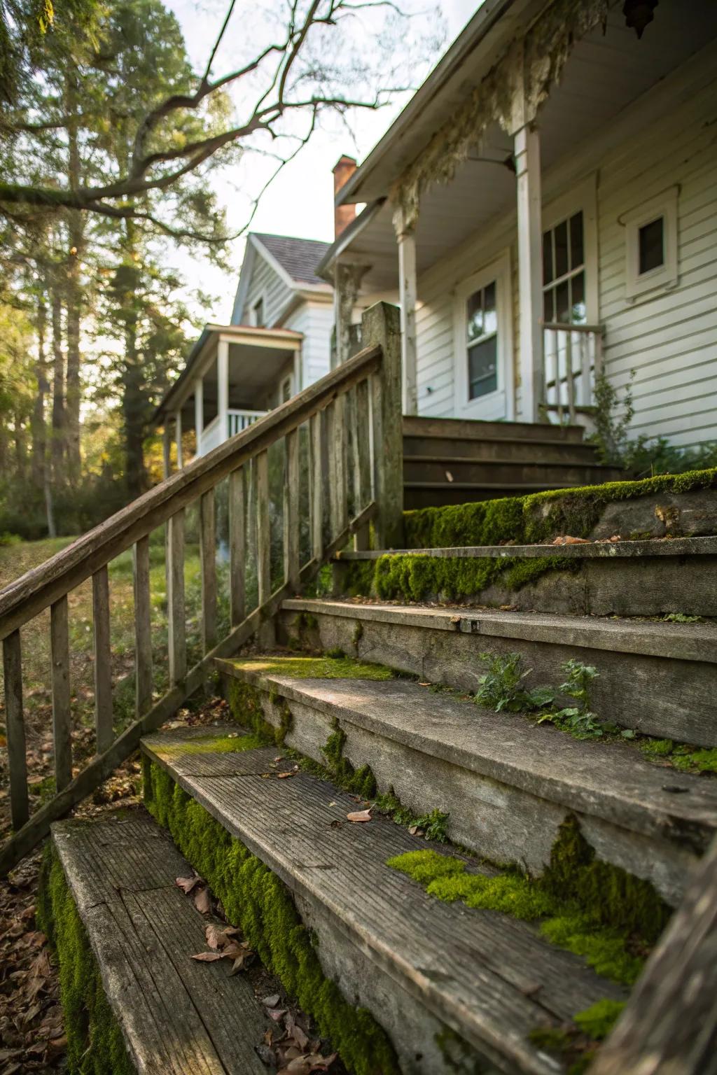 Weathered wood adds rustic charm to porch steps.