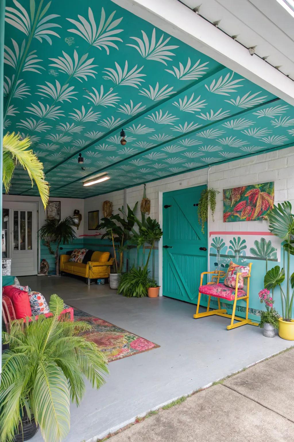 A bold turquoise ceiling makes a striking statement.