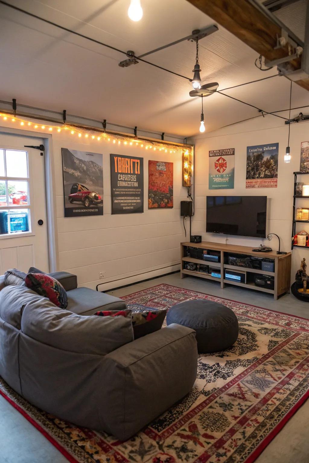 A cool hangout spot for teens within a converted garage.