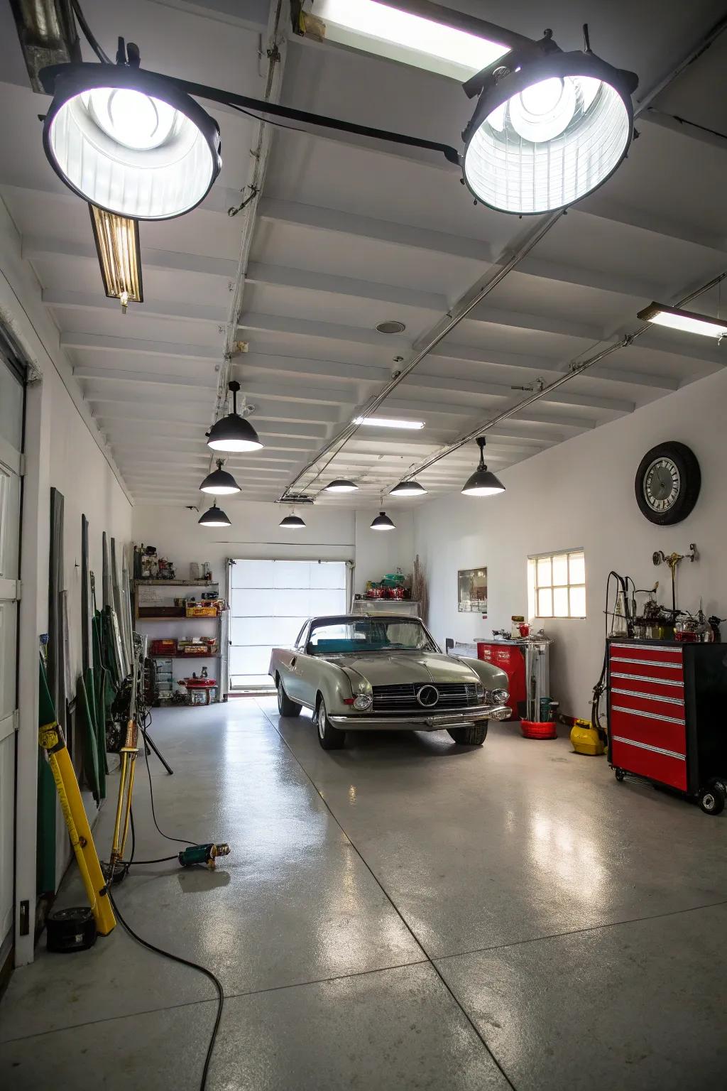 Wraparound lights offer space-saving, multidirectional lighting for garages with lower ceilings.