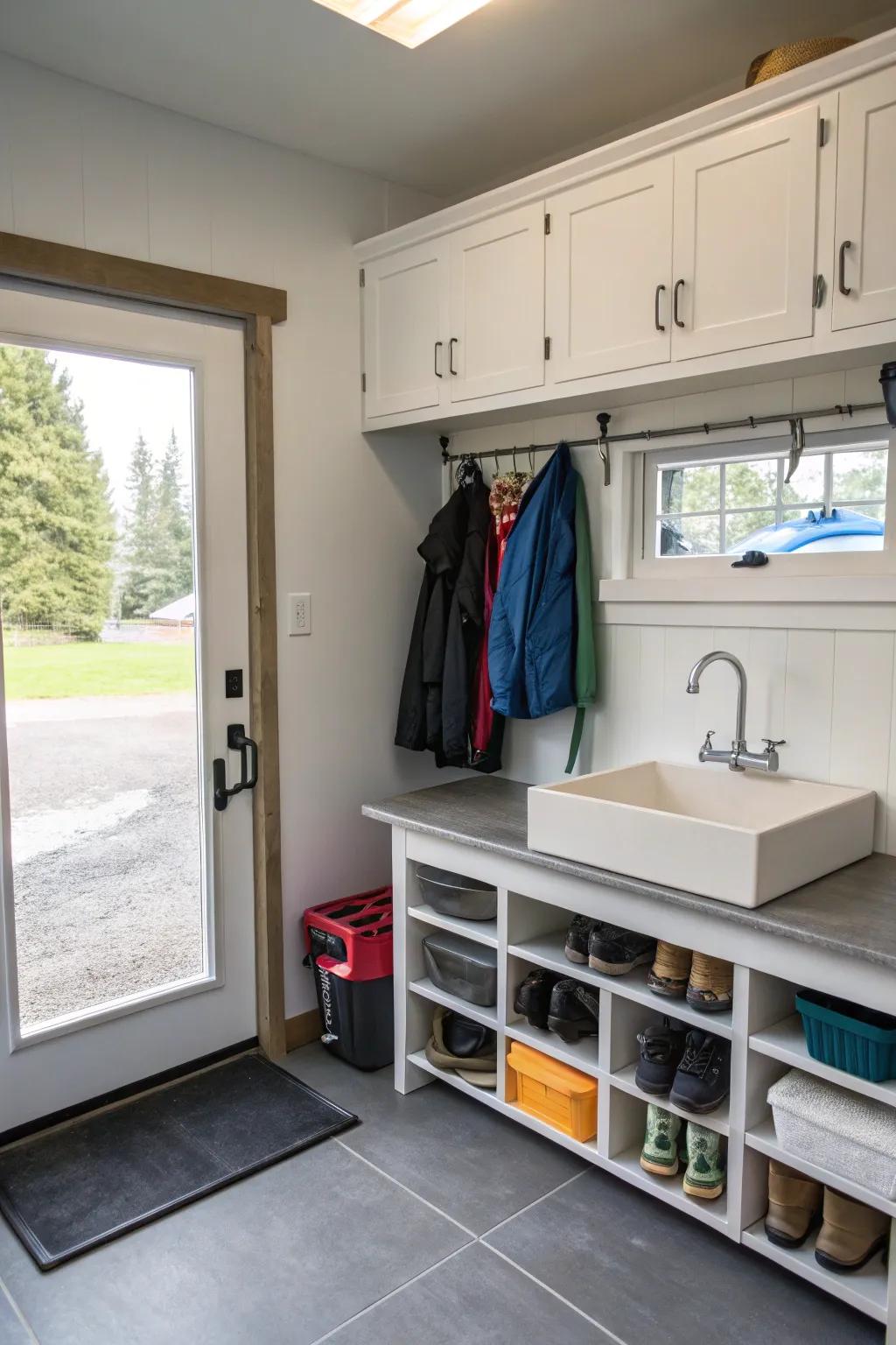 A small sink in the garage mudroom is perfect for quick clean-ups.