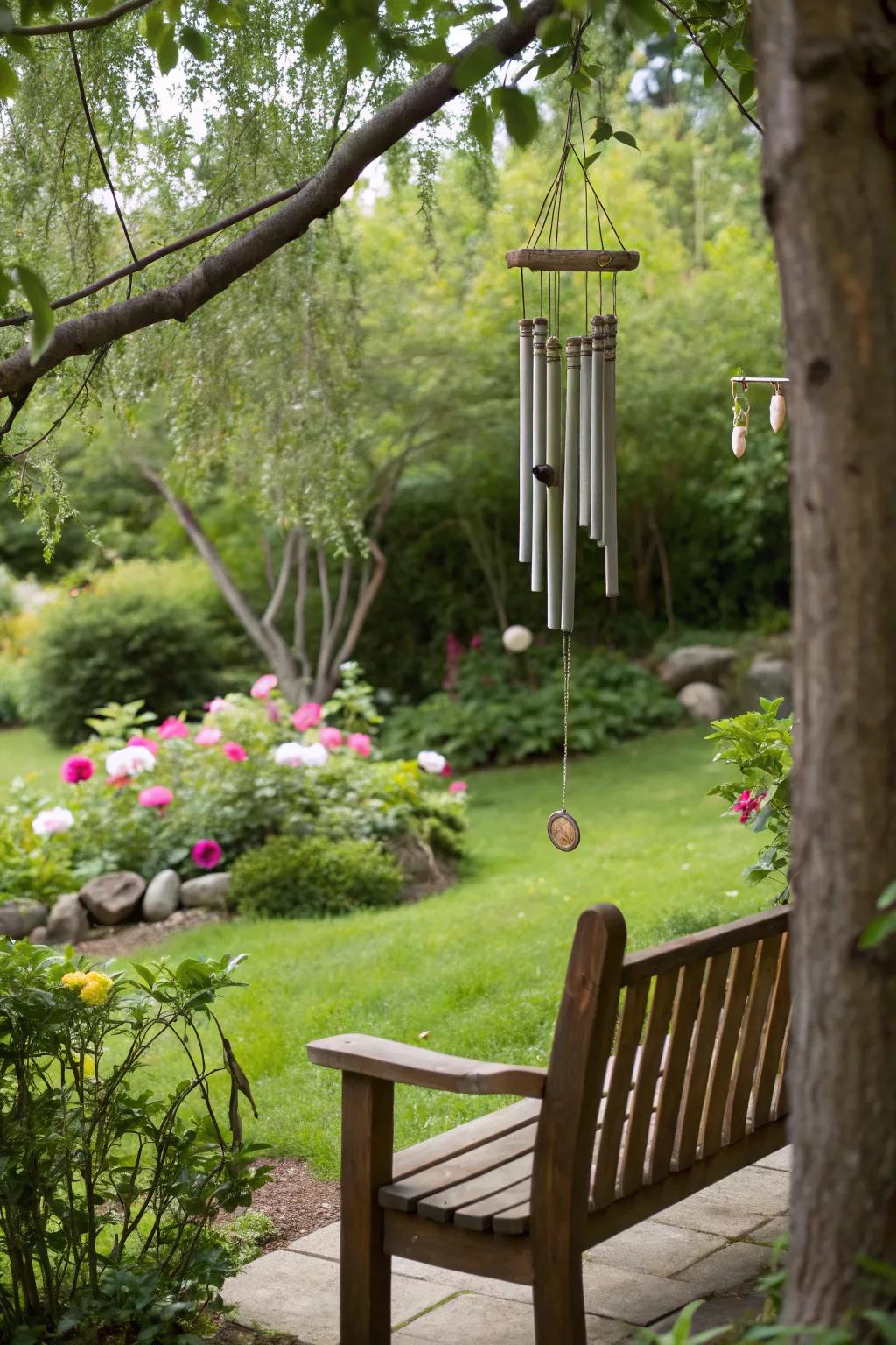 Wind chimes create a melodic ambiance around your garden bench.