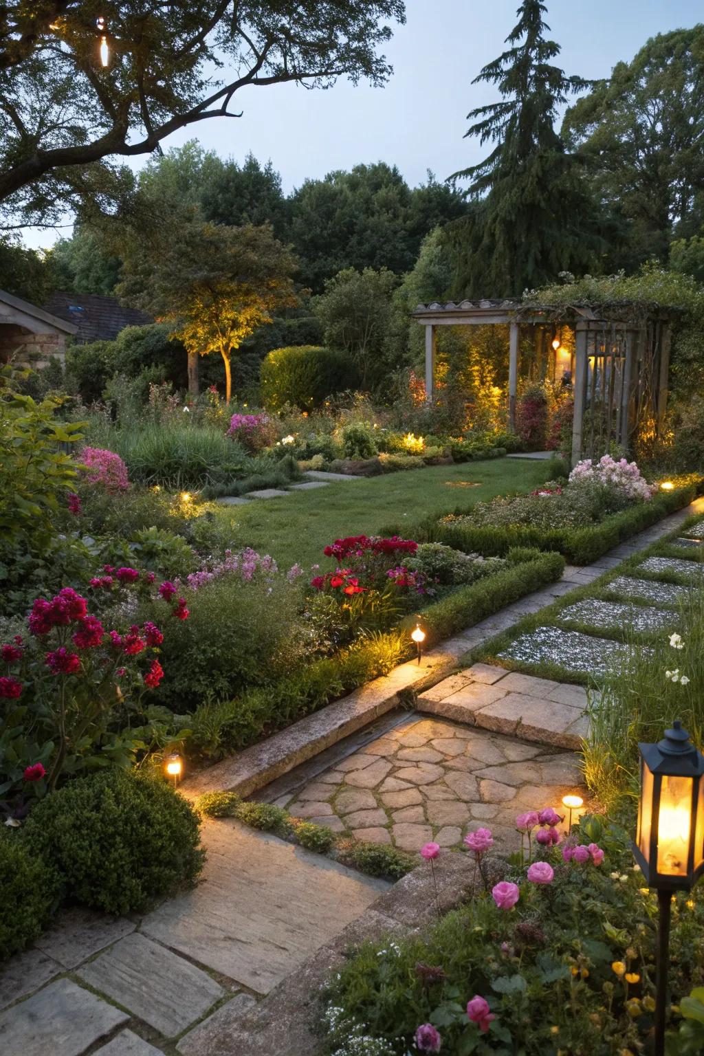 Different lighting styles create distinct zones in your garden.