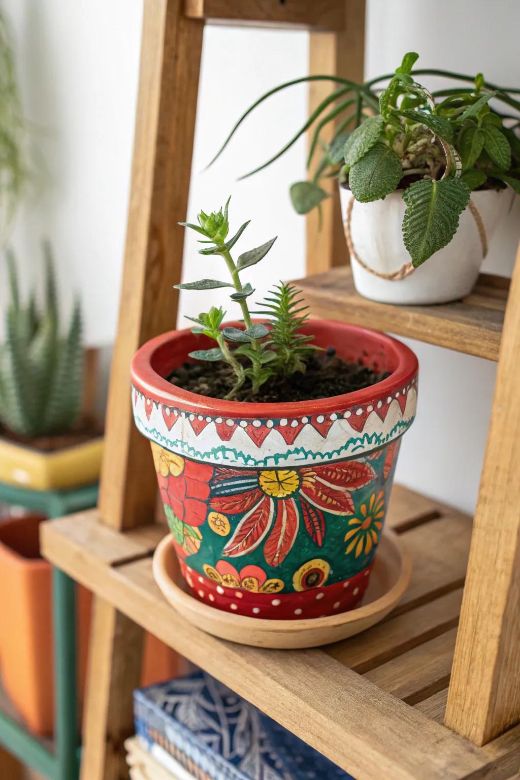 A hand-painted plant pot adds artistic charm to plant displays.