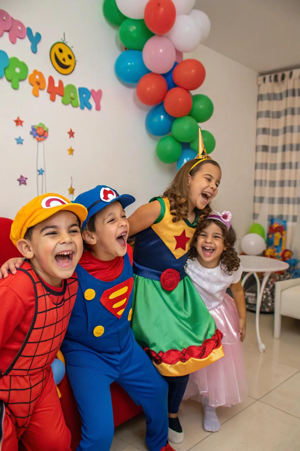 A colorful themed costume party with imaginative outfits.