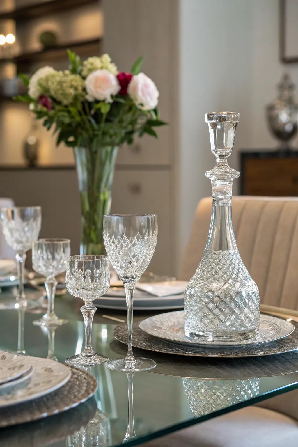 Elegant glassware enhancing the sophistication of a glass dining table.