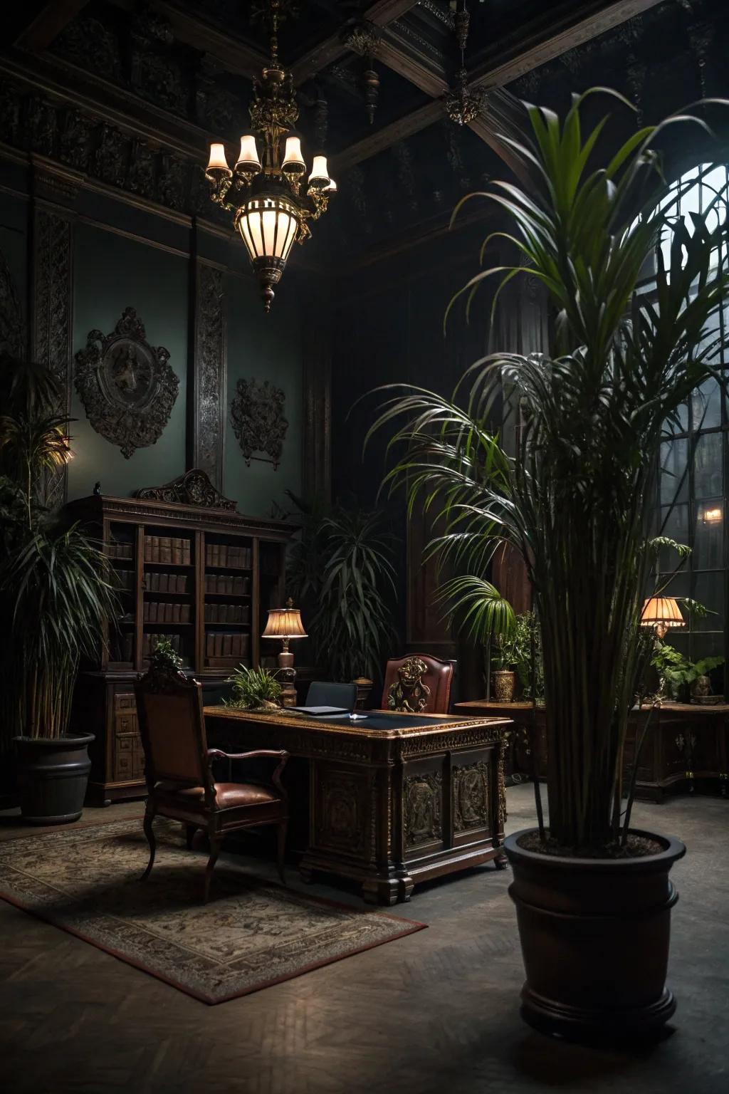 Moody plant life contrasts beautifully with rich Gothic textures.