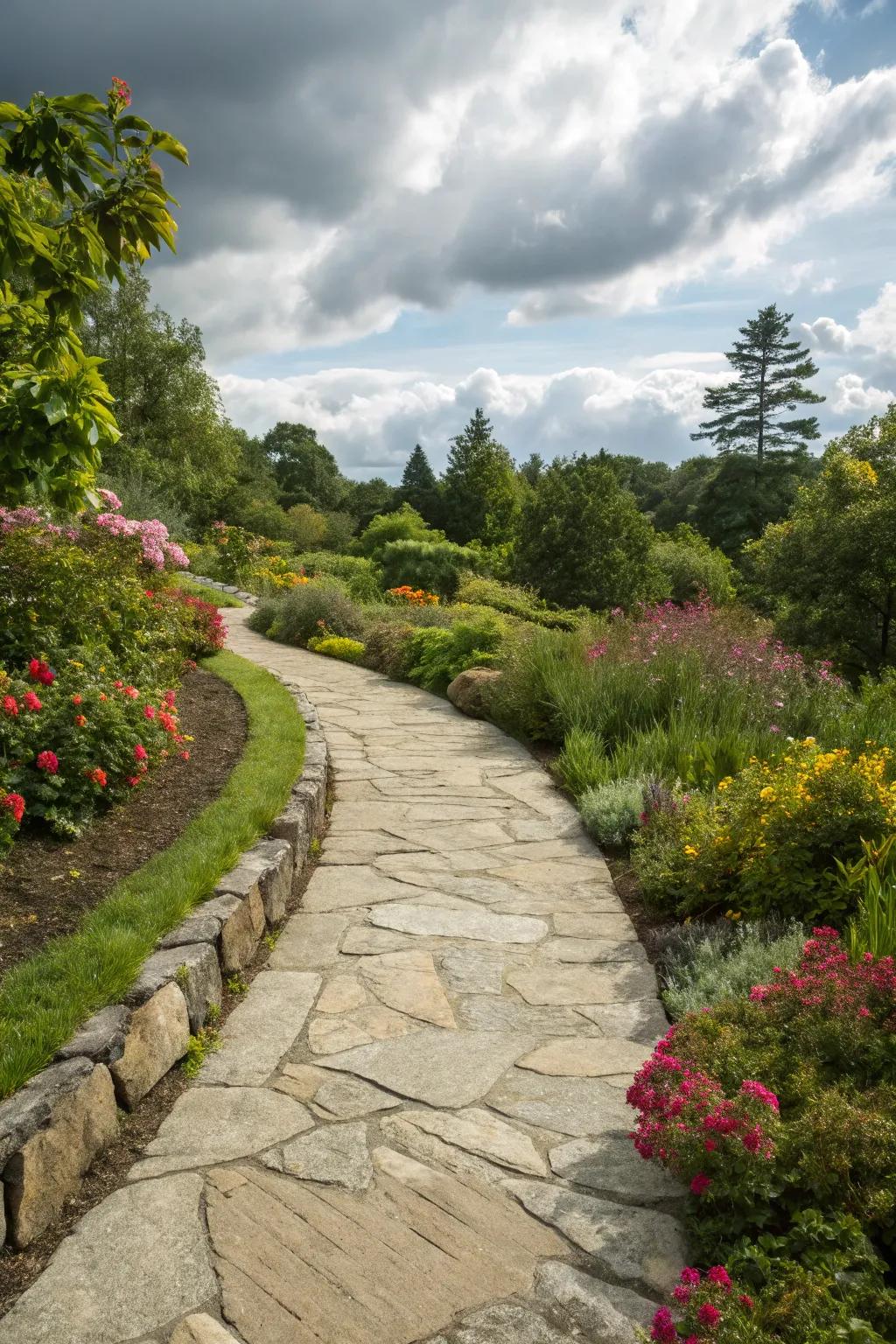 Granite walkway seamlessly edged with natural stone.