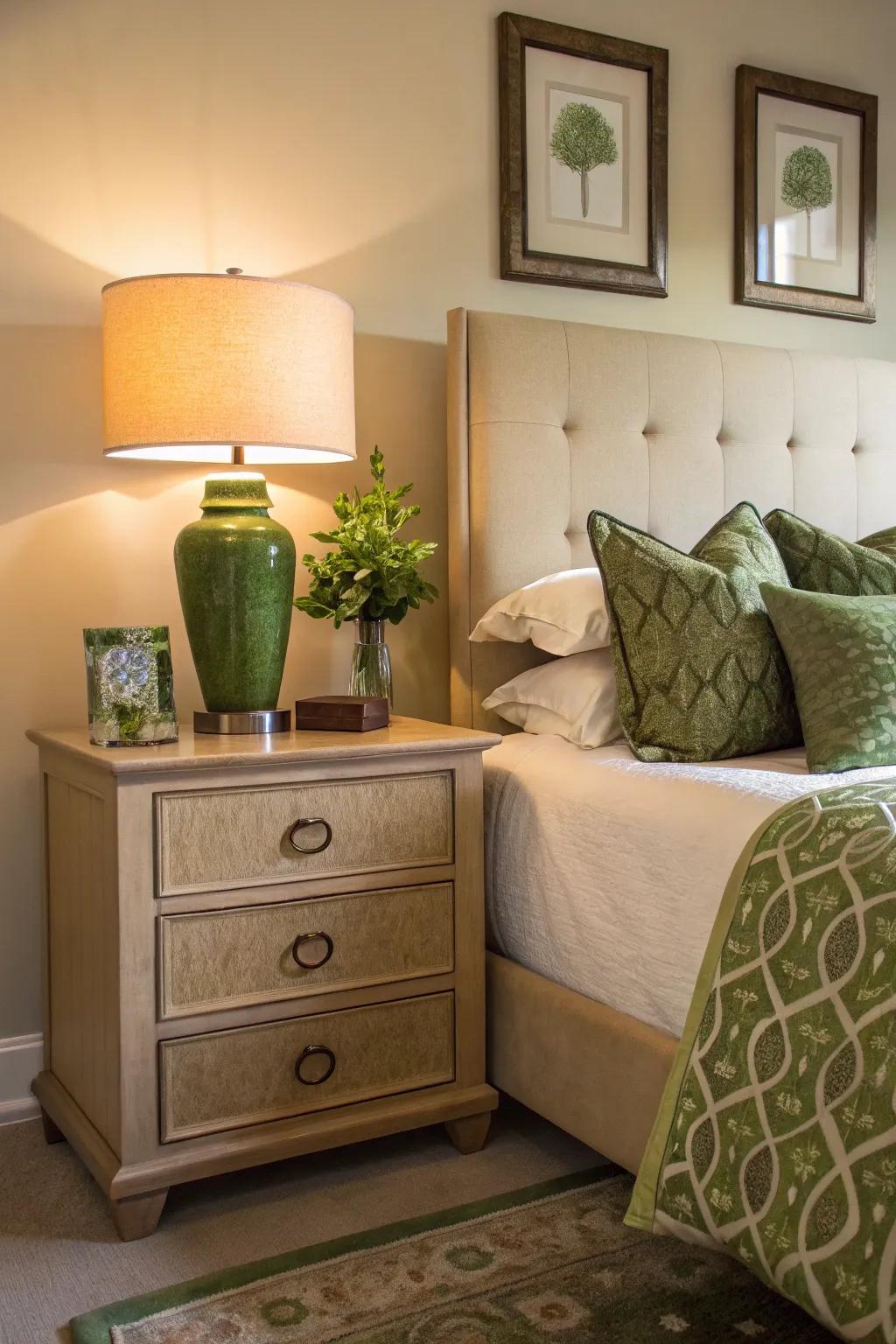 Tan nightstands offer functionality and blend seamlessly with green decor.