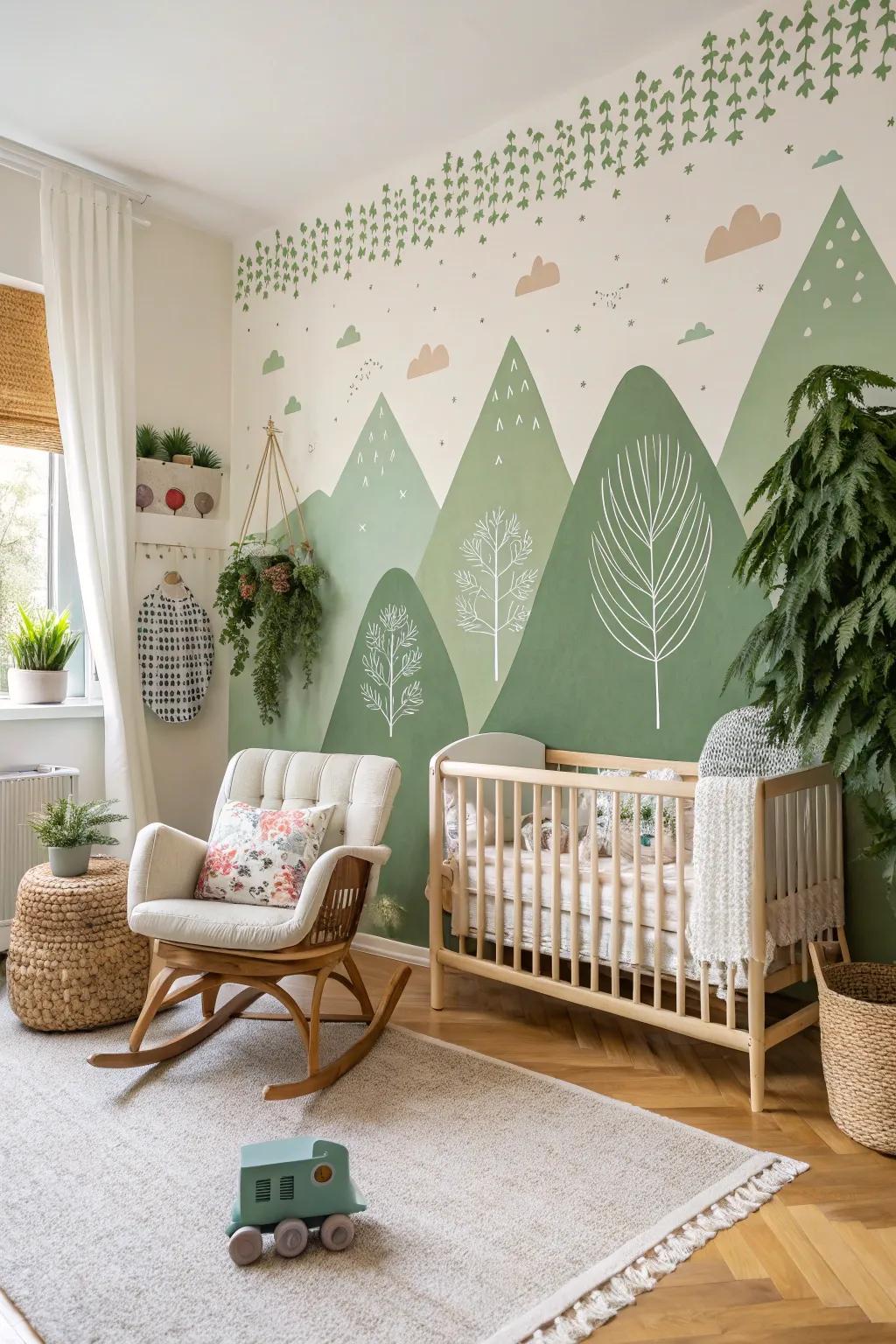 A modern nursery with abstract green mountain designs.