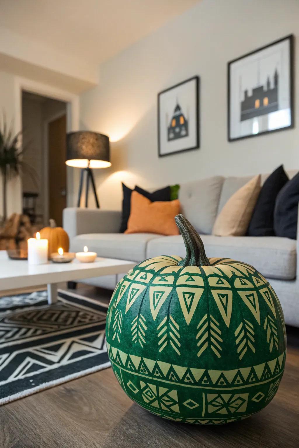 Bold green tribal pattern pumpkin celebrating tradition in the living room.