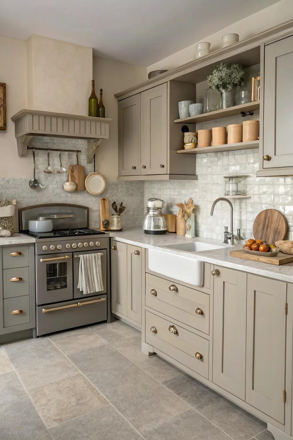 Grey and beige kitchenware ties the kitchen's look together.