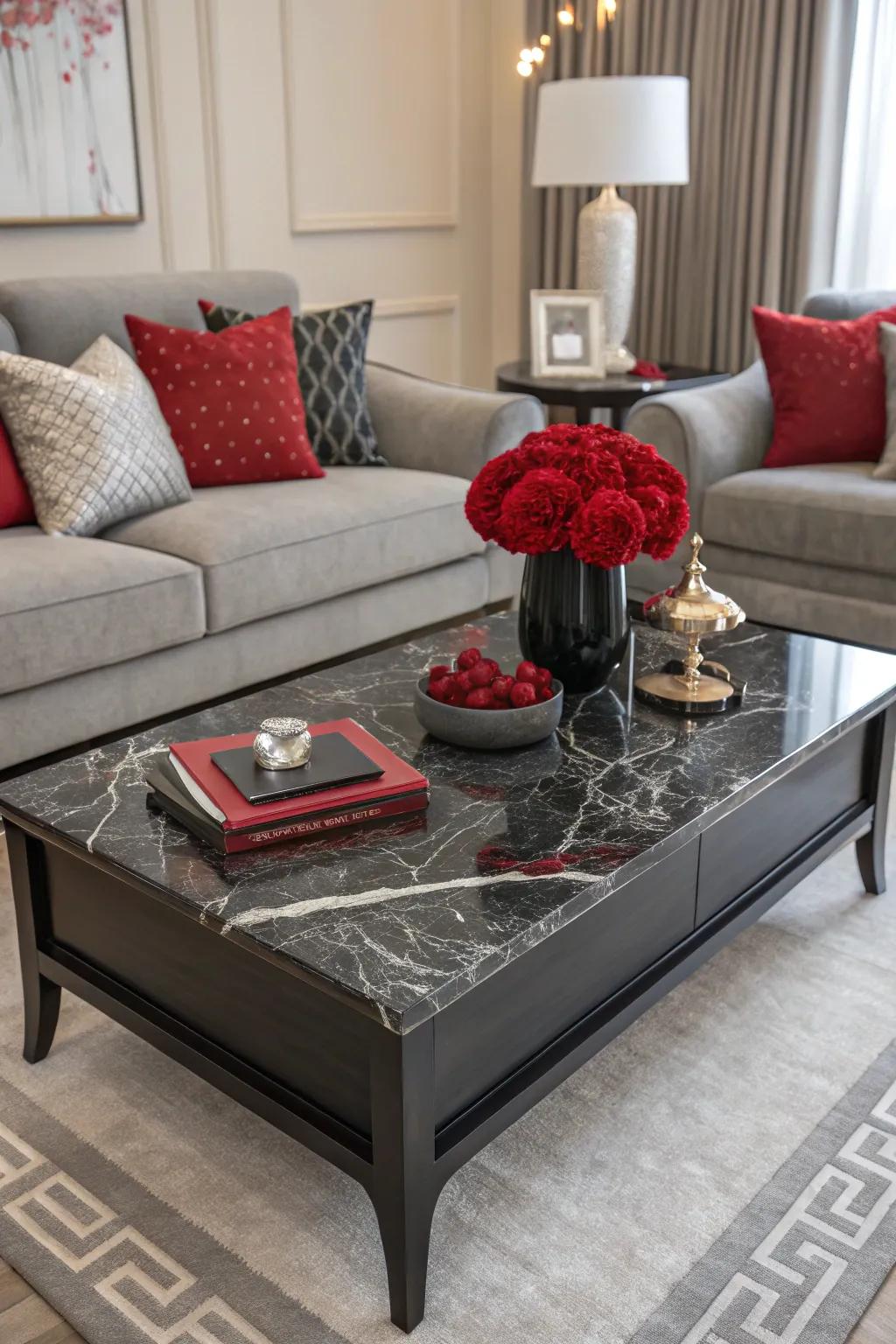 Black and grey marble elements add a luxe feel to this living room.