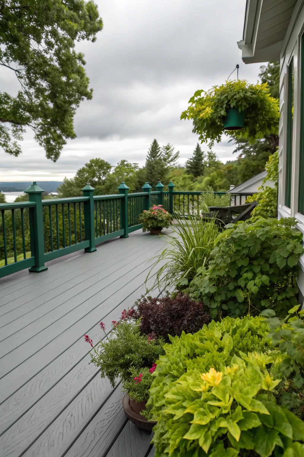 A grey deck with deep green elements for a mysterious, lush atmosphere.