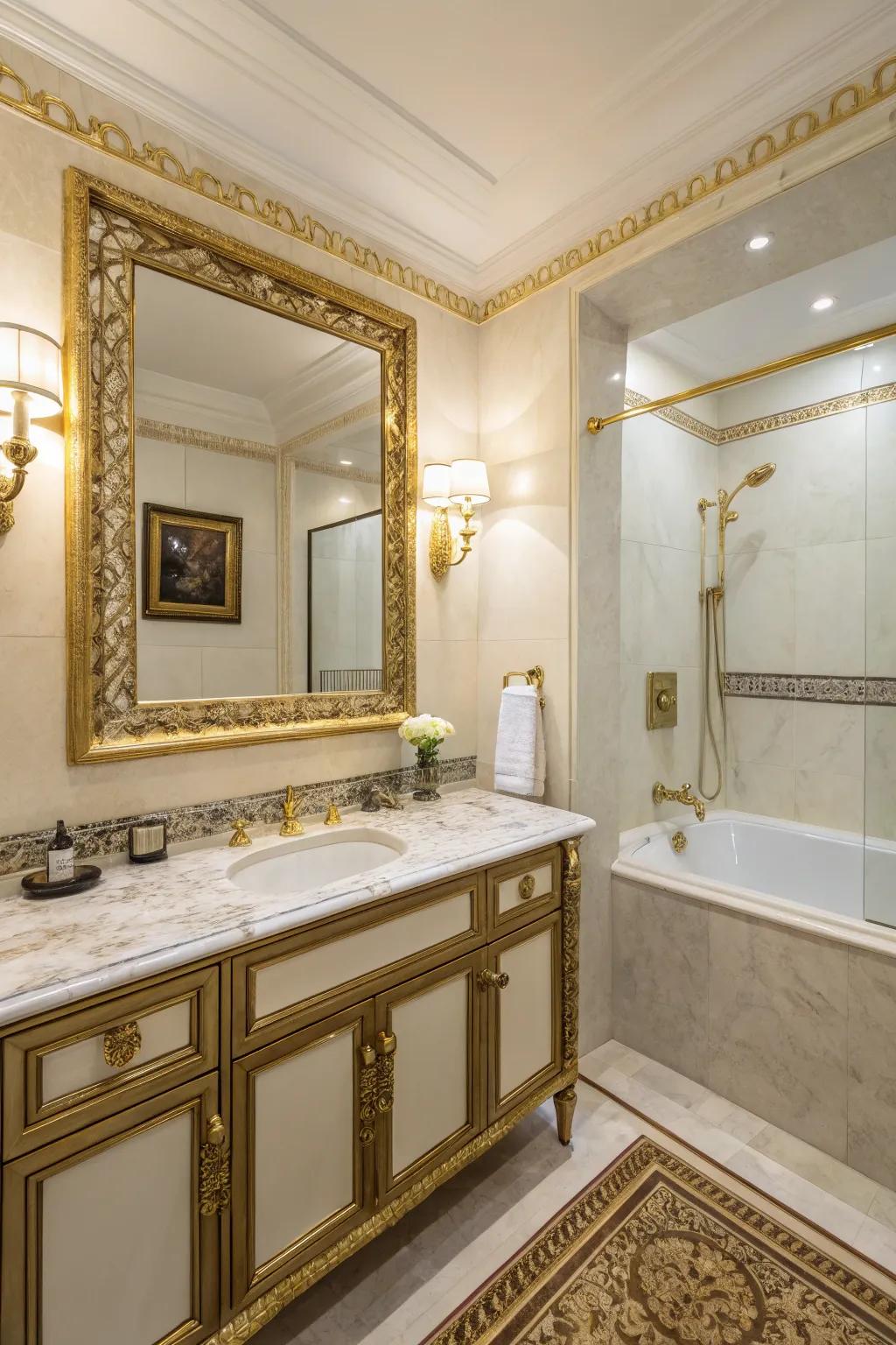 Gold accents add a touch of glamor to this guest bathroom.