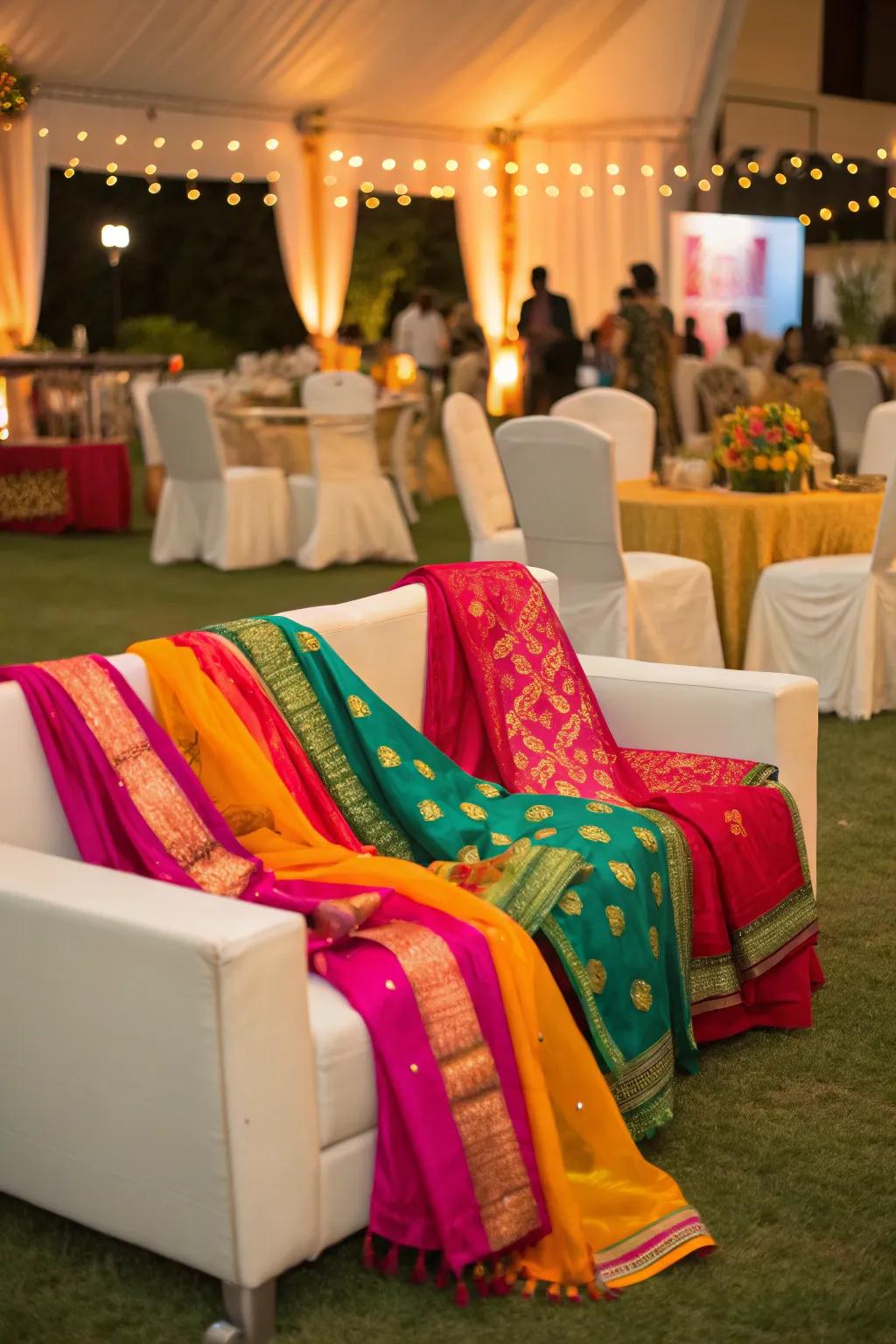 Saree-draped decor enhancing the cultural authenticity of the event.