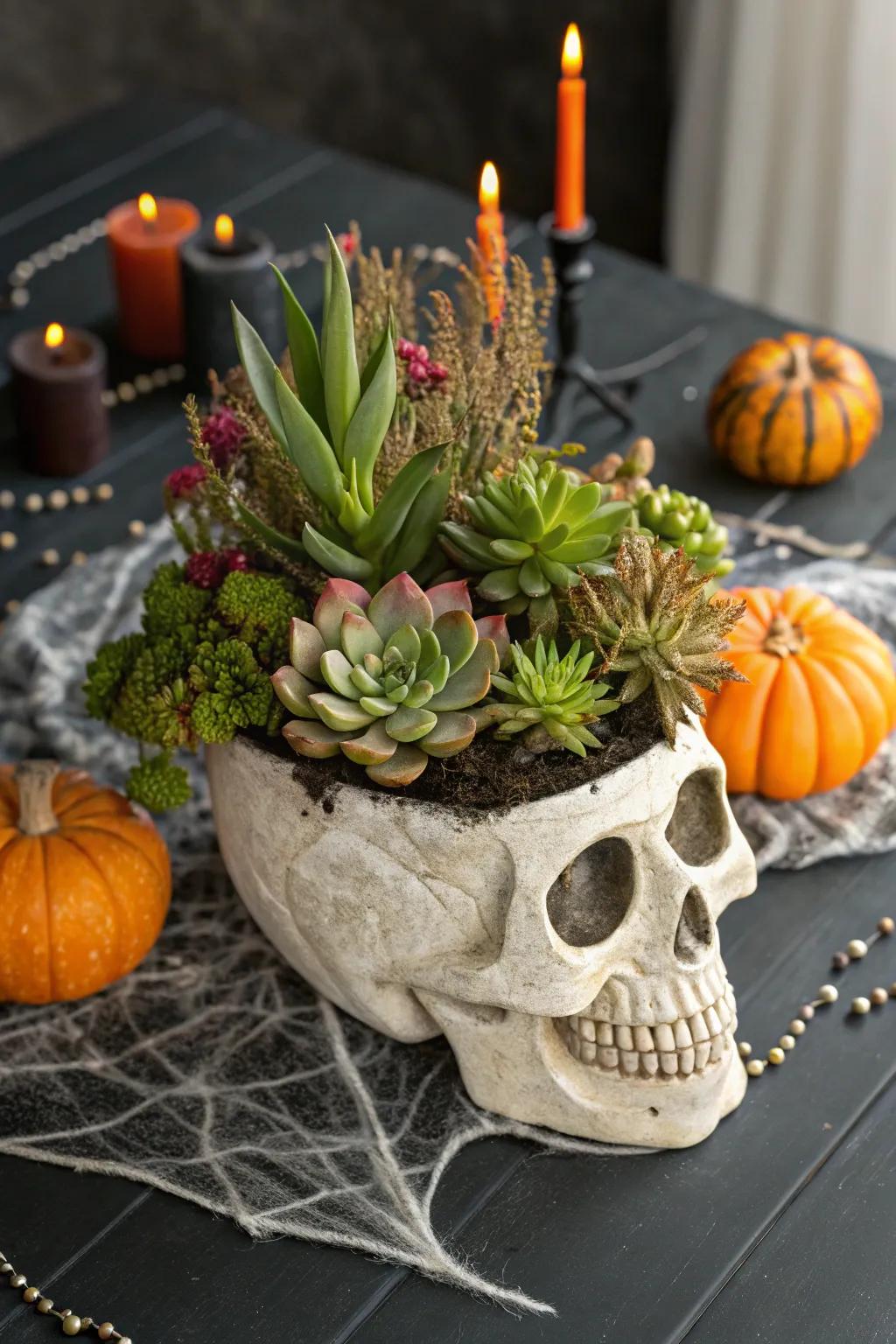 A skull planter adds a spooky-chic touch to the decor.