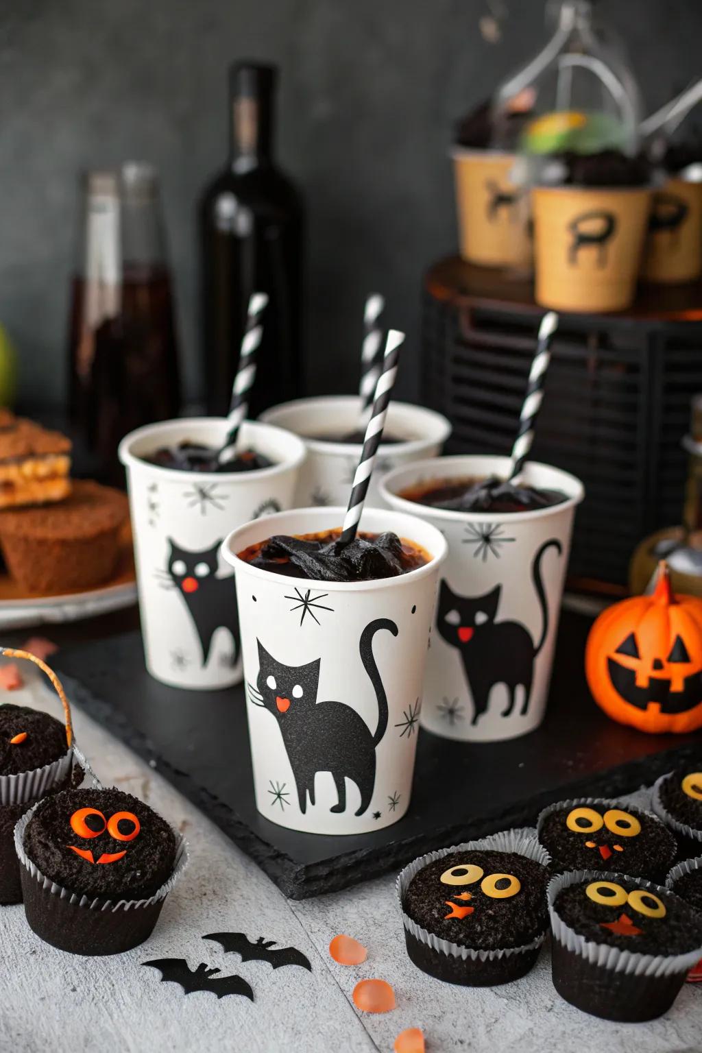 Black cat brew cups captivating with their mysterious allure.