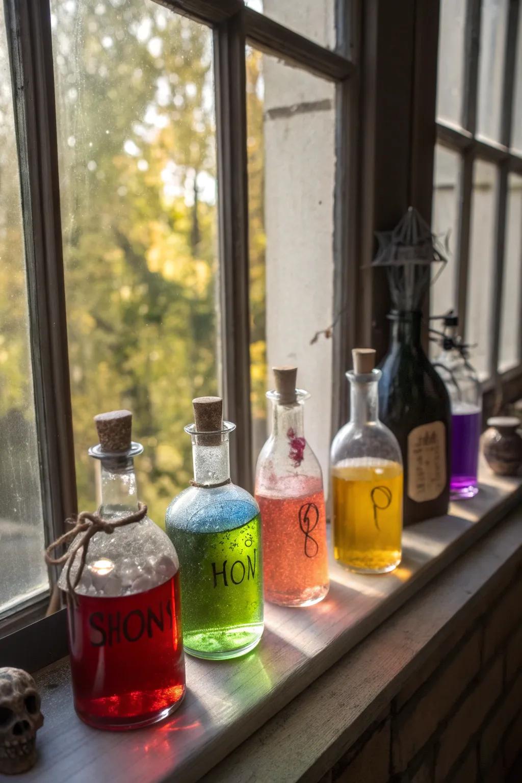 Potion bottles bring a witchy vibe to your Halloween window display.