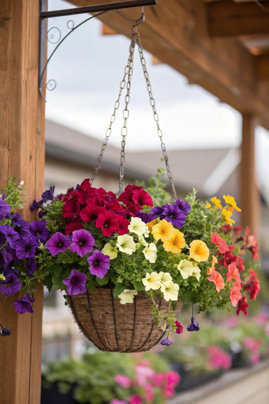 Color wheel harmony in hanging baskets.